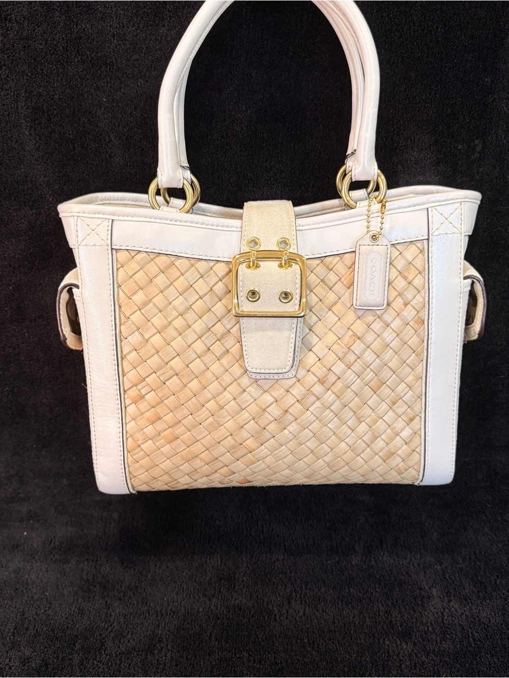Coach 2004 Y2K Vintage Hamptons Natural Straw Pearl Leather Suede Turnlock Tote
